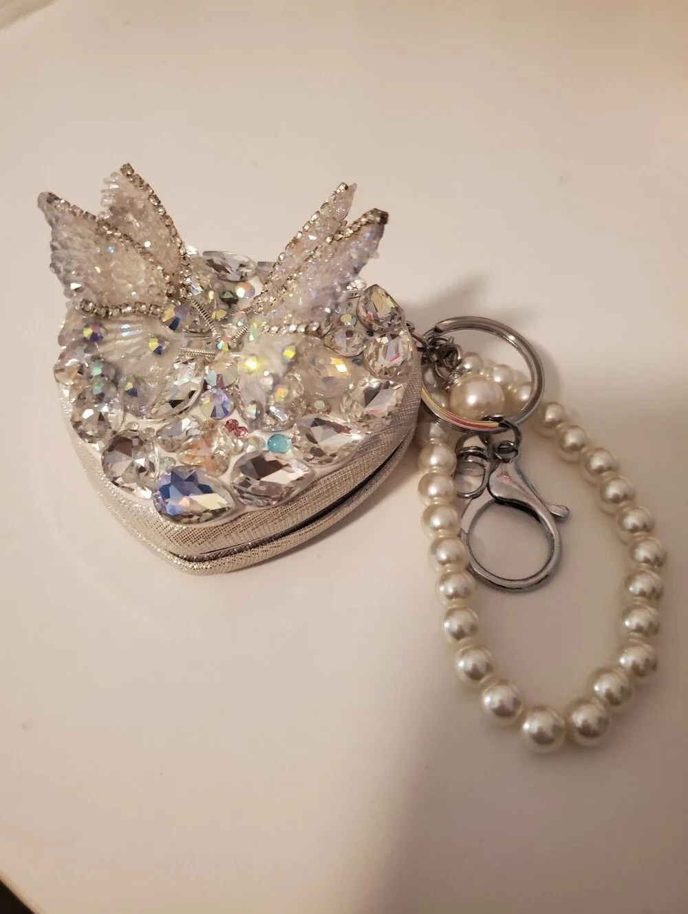 Heart Mirror - Rhinestone Butterfly With Keychain And Wristlet